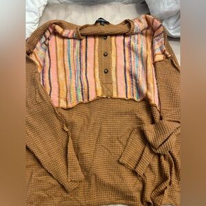Davi & Dani Camel Knit Cardigan with Pink & Orange Stripes